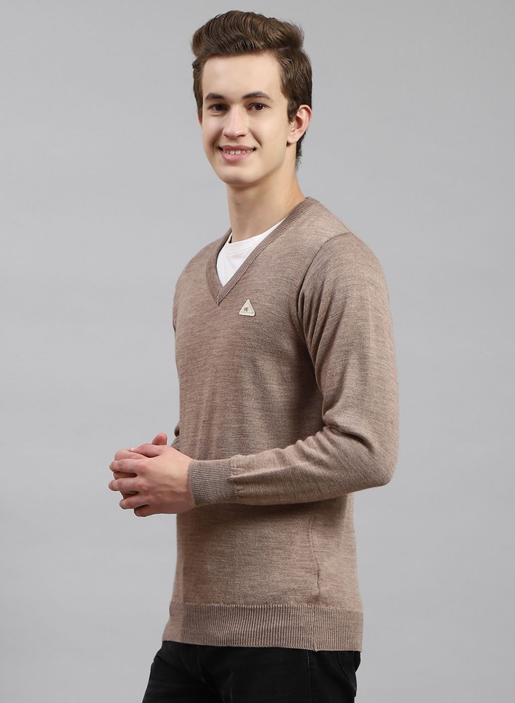 Men Beige Solid Pure wool Pullover