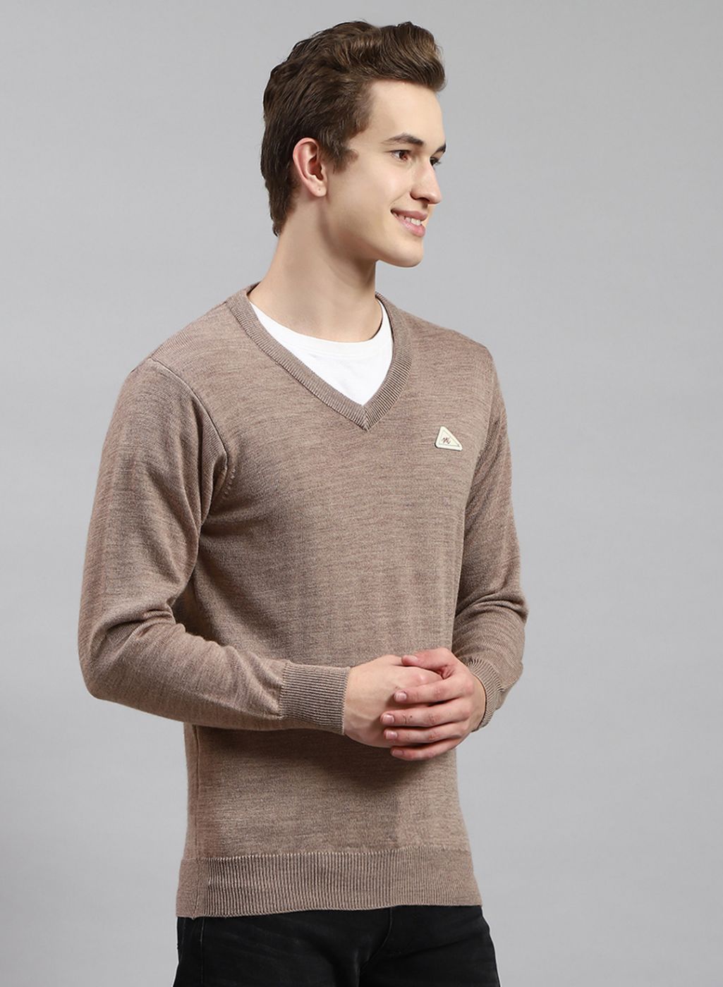 Men Beige Solid Pure wool Pullover