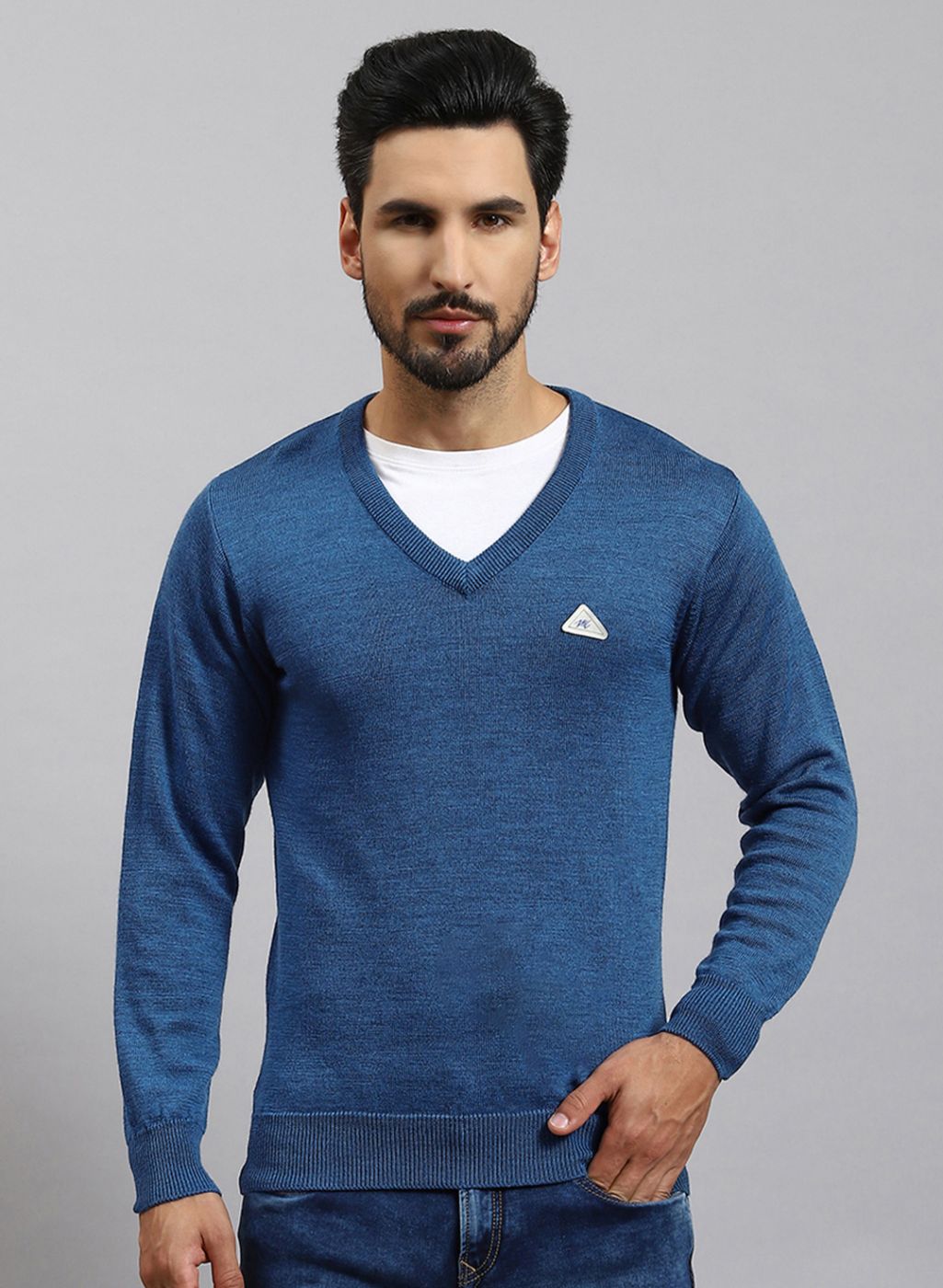 Men Blue Solid Pure wool Pullover