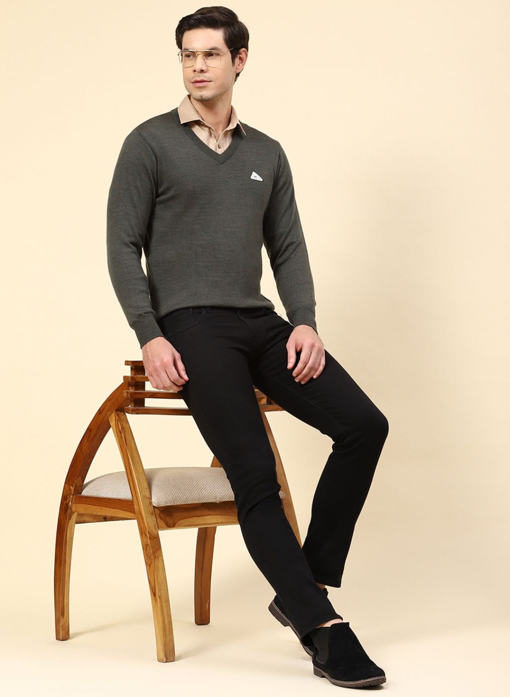 Men Olive Solid Pure wool Pullover