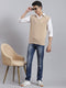 Men Camel Brown Solid V Neck Sleeveless Sweaters/Pullovers