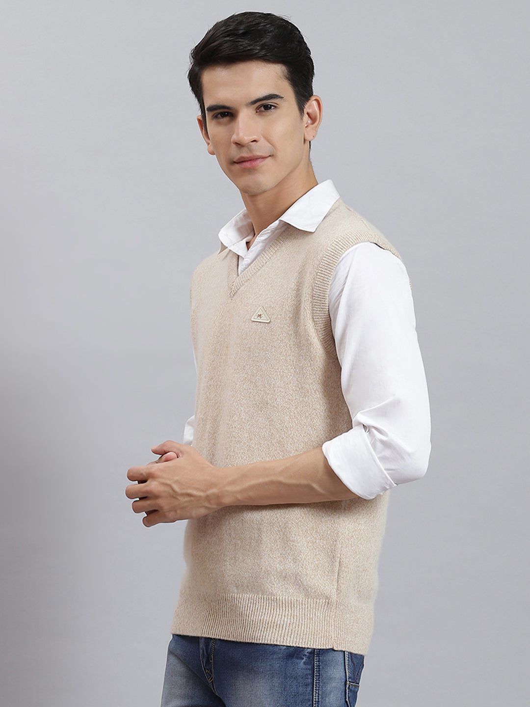 Men Beige Solid V Neck Sleeveless Sweaters/Pullovers