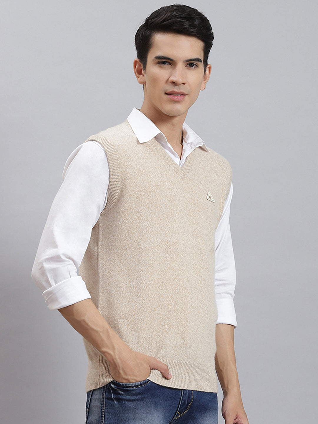 Men Beige Solid V Neck Sleeveless Sweaters/Pullovers