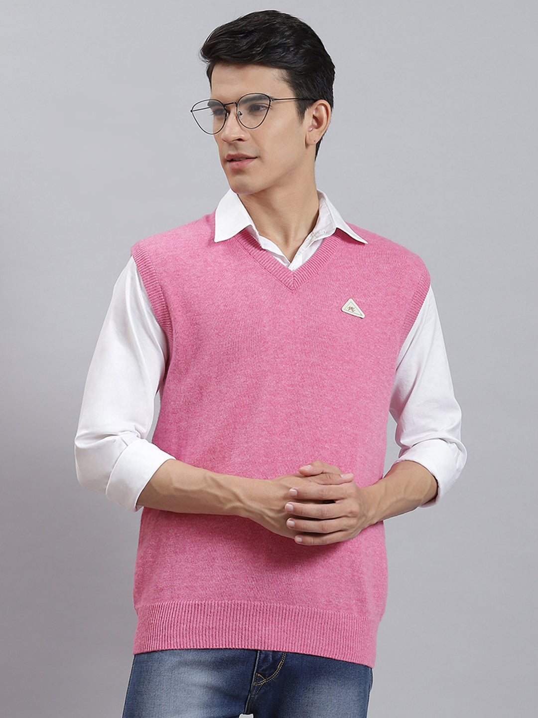 Men Pink Solid V Neck Sleeveless Sweaters/Pullovers