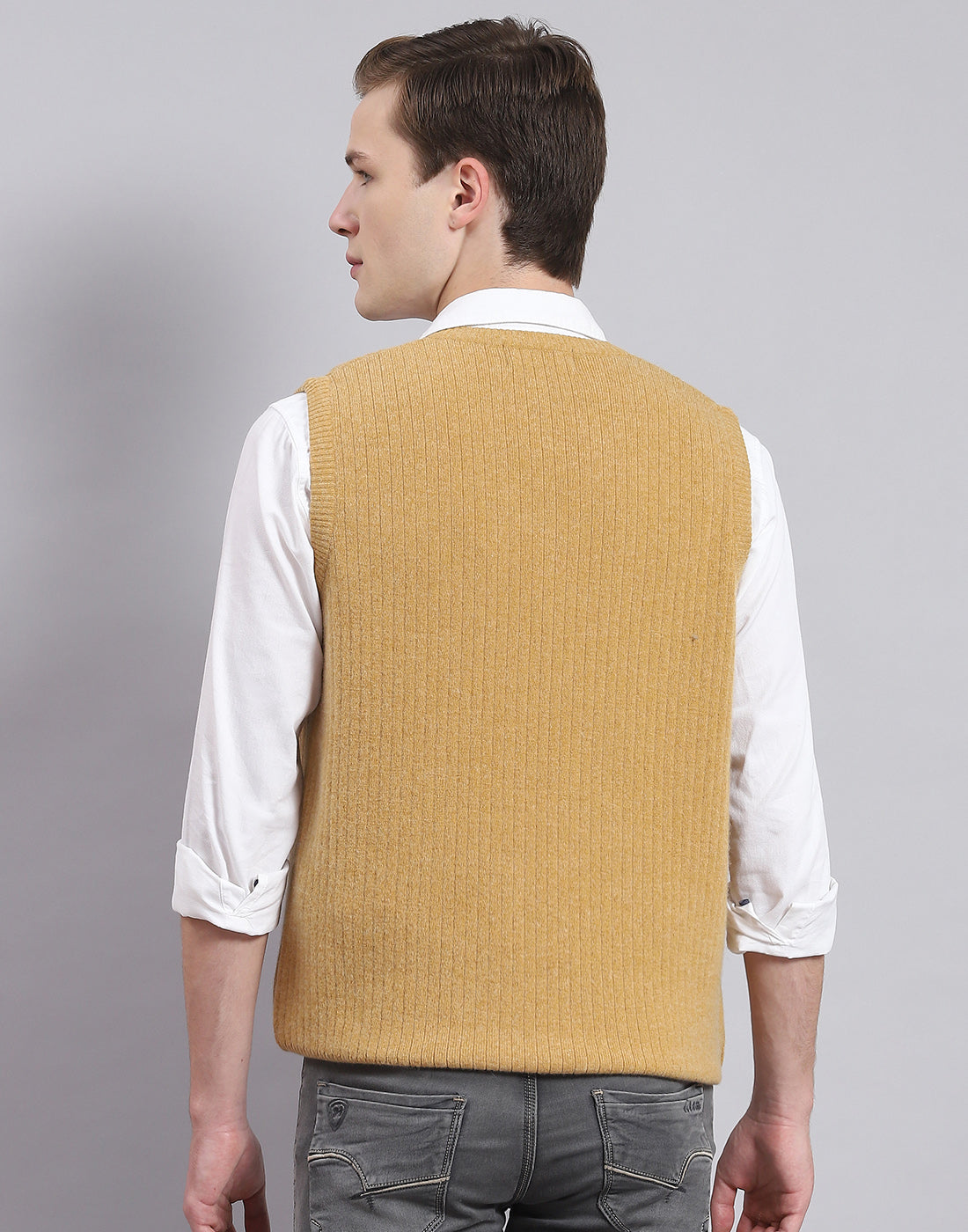 Men Brown Solid V Neck Sleeveless Sweater