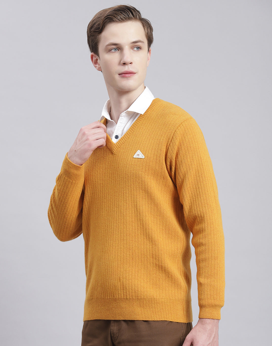 Men Mustard Solid V Neck Full Sleeve Sweater