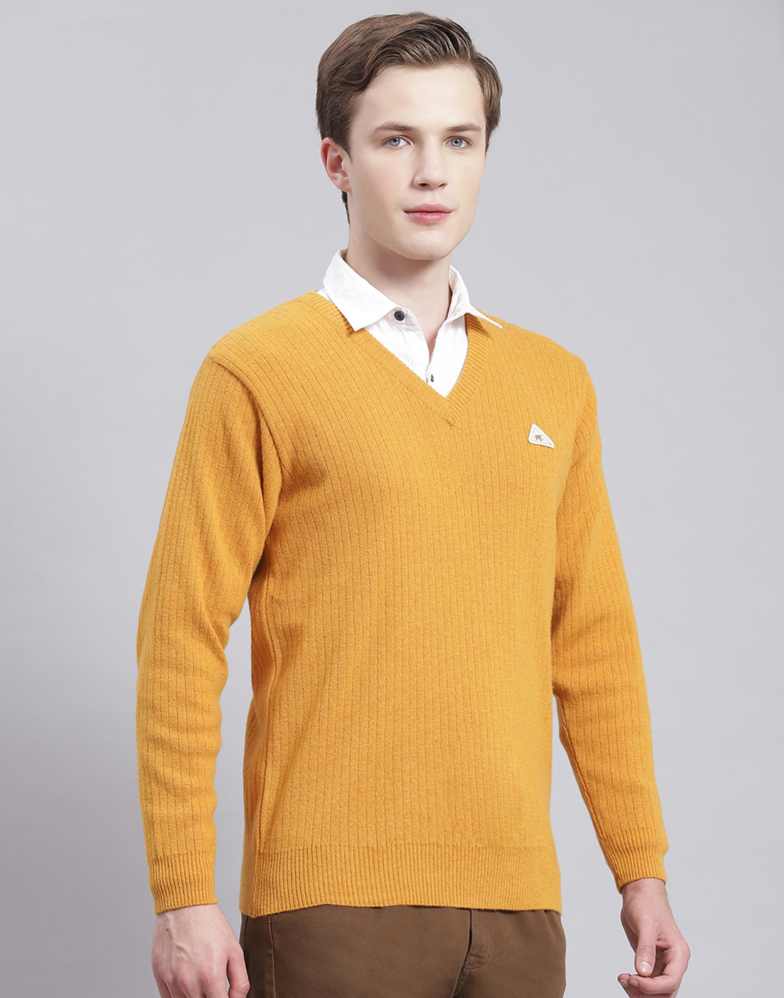 Men Mustard Solid V Neck Full Sleeve Sweater