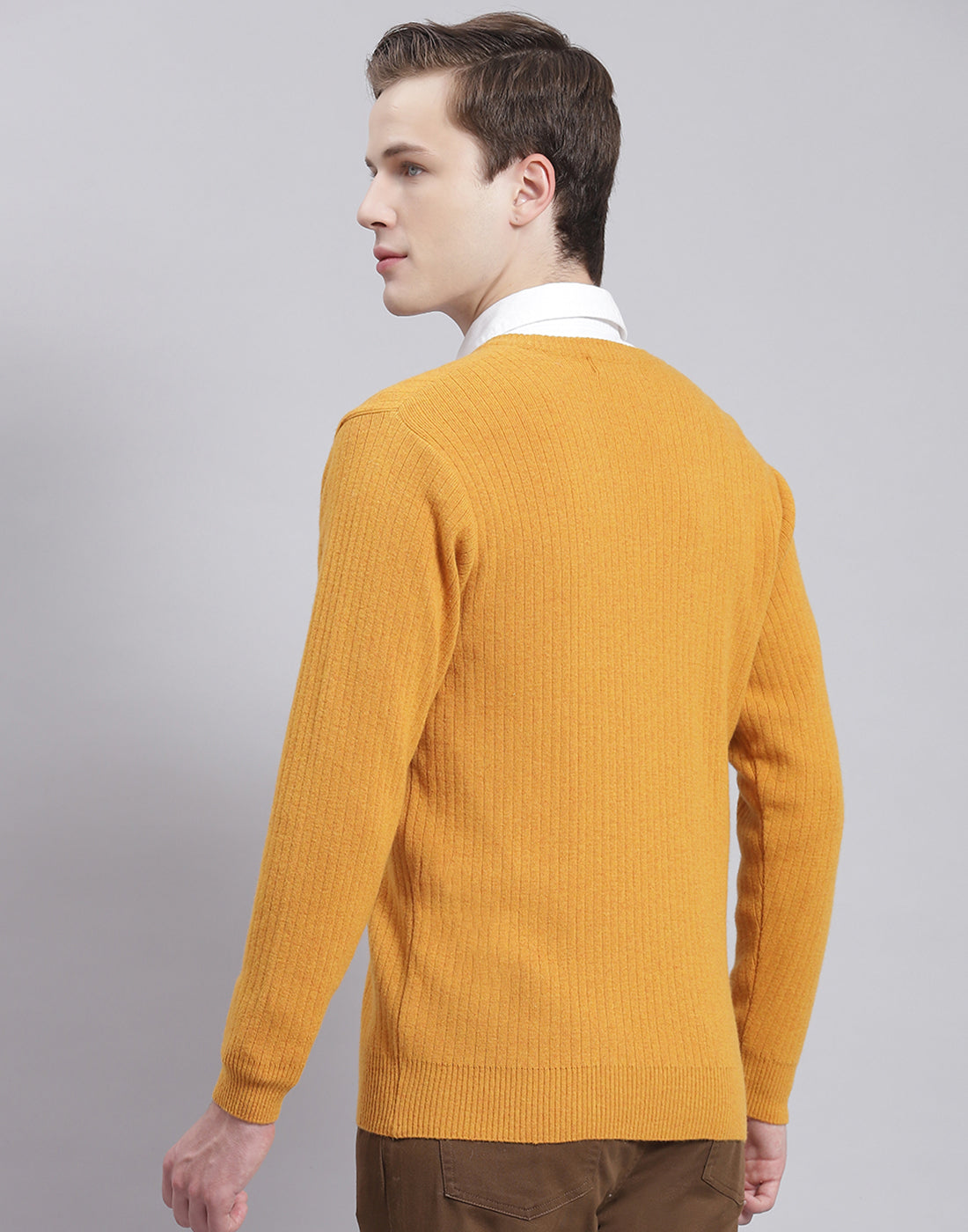 Men Mustard Solid V Neck Full Sleeve Sweater
