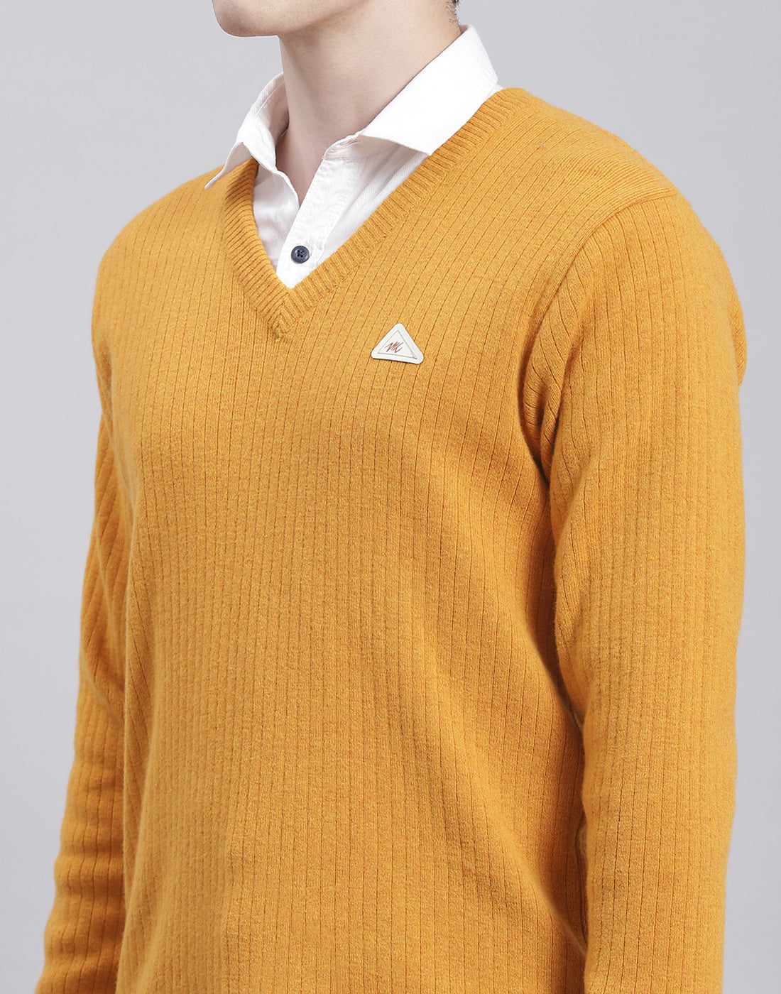 Men Mustard Solid V Neck Full Sleeve Sweater