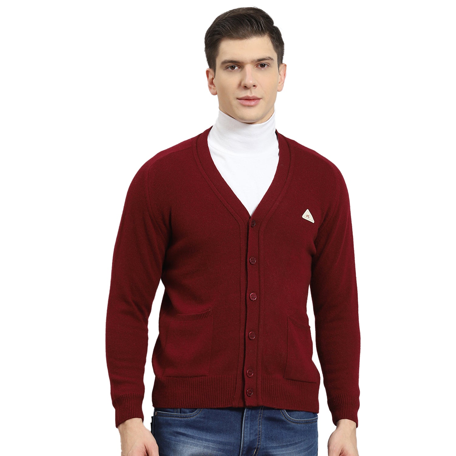 Men Maroon Solid V Neck Full Sleeve Cardigan