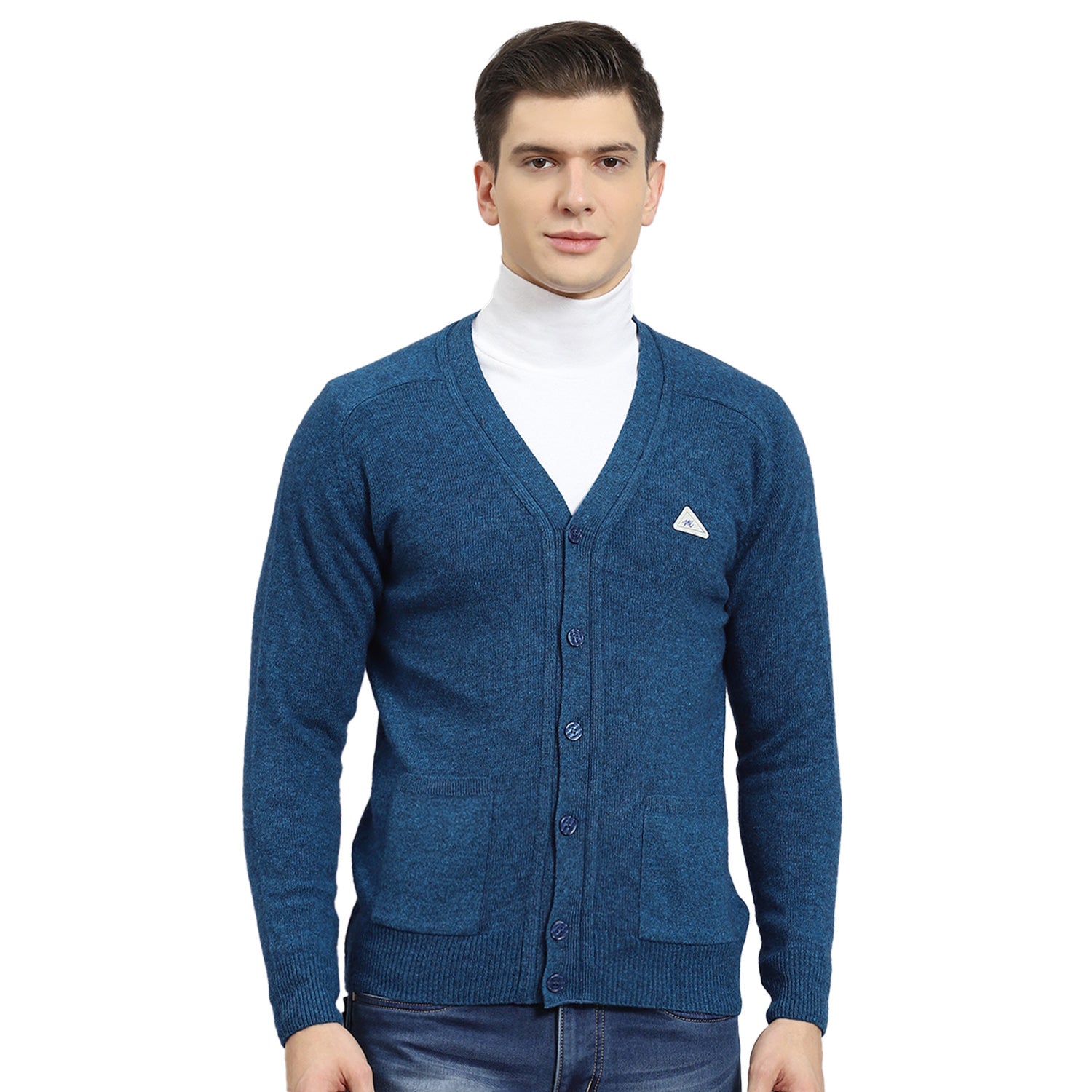 Men Turquoise Blue Solid V Neck Full Sleeve Sweater