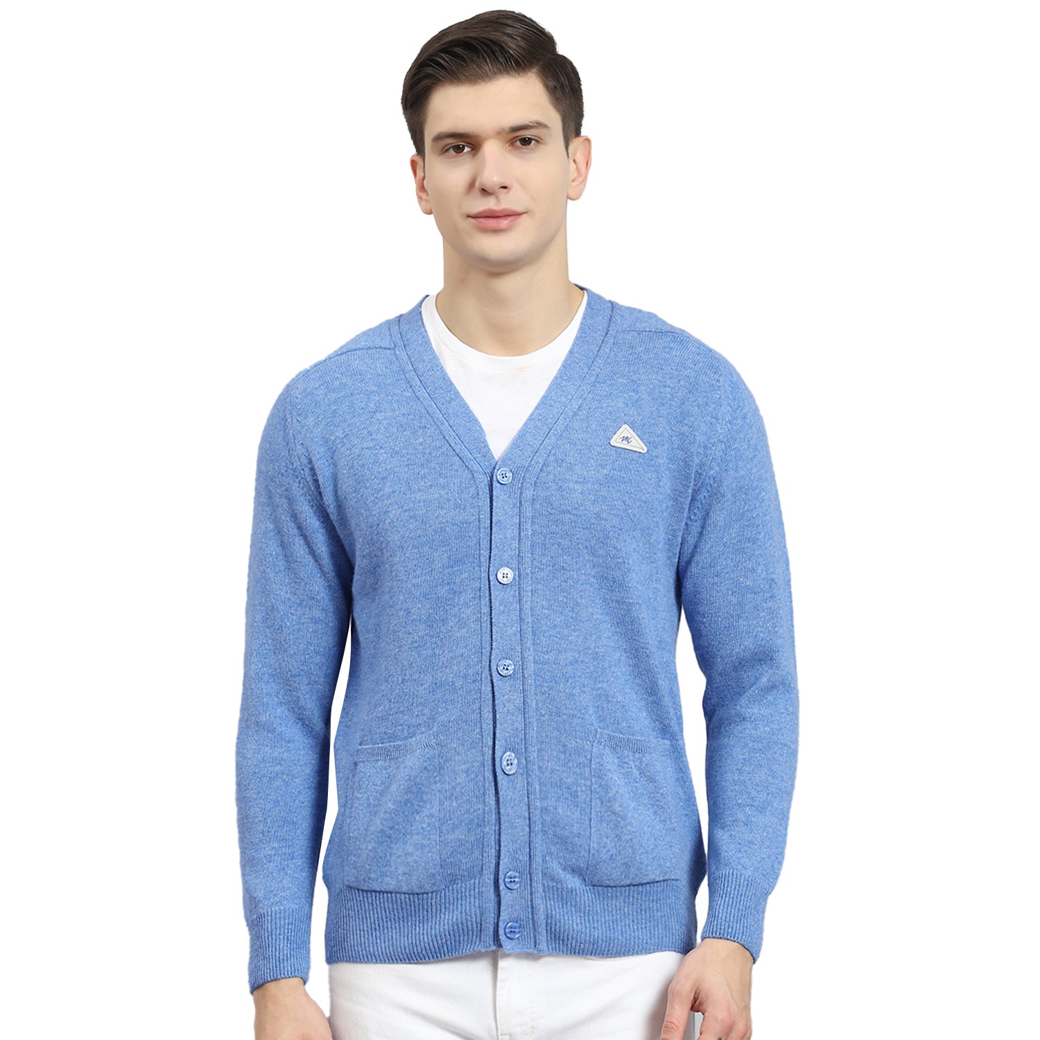Men Blue Solid V Neck Full Sleeve Sweater