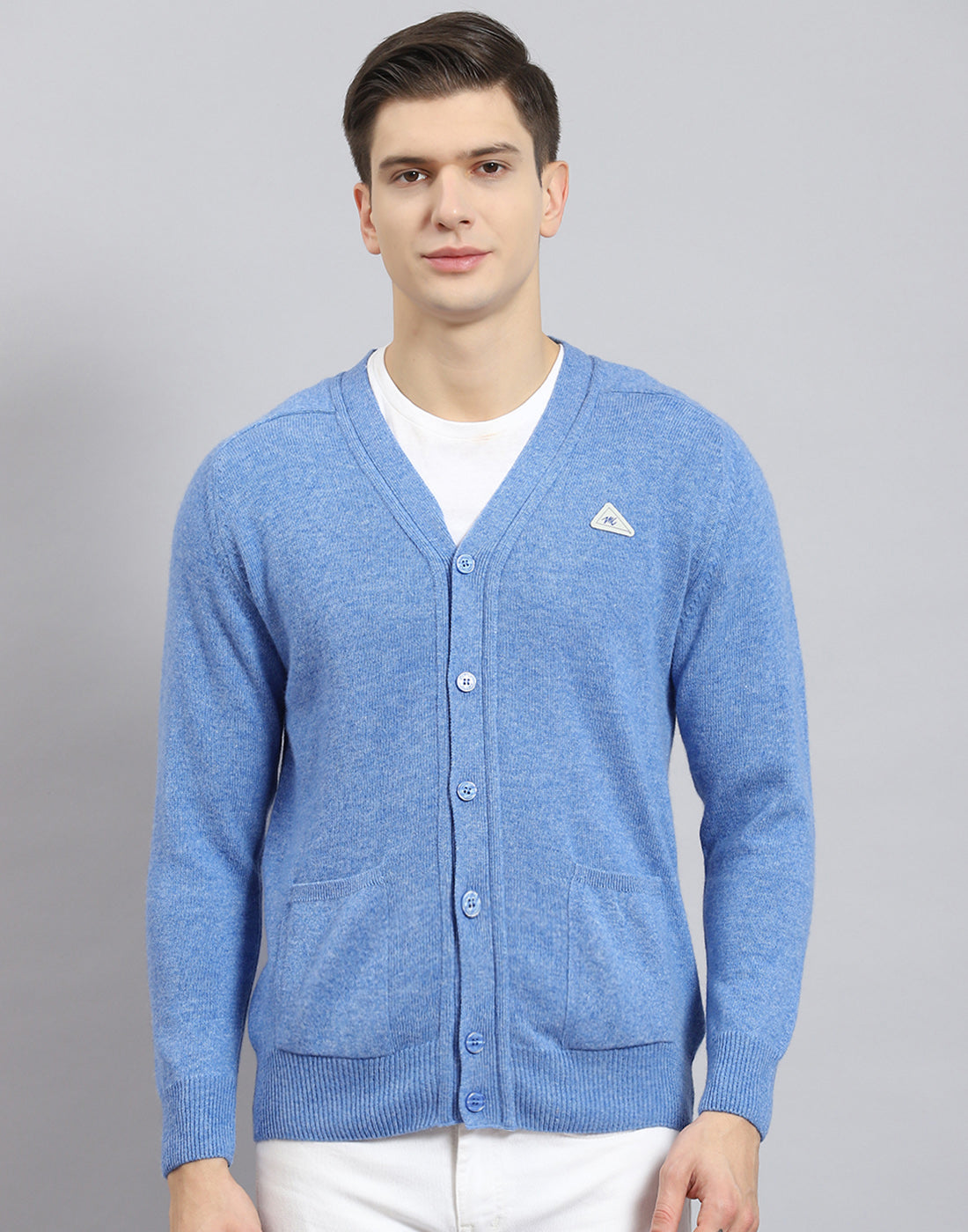 Men Blue Solid V Neck Full Sleeve Sweater