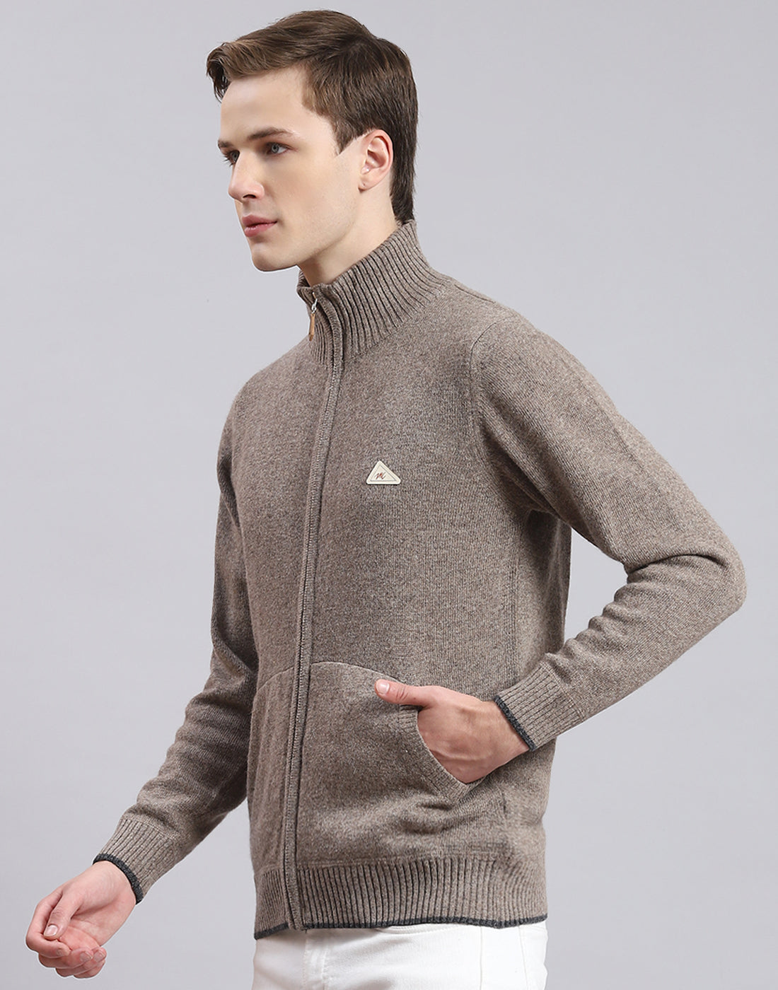 Men Brown Solid Stand Collar Full Sleeve Sweater