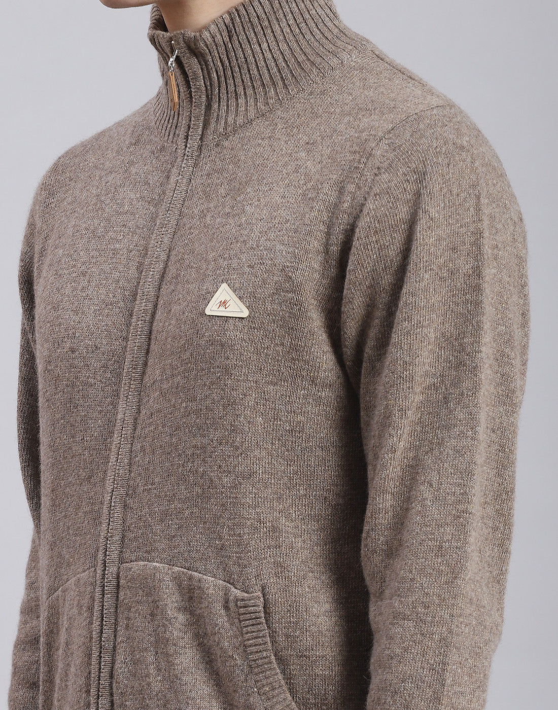 Men Brown Solid Stand Collar Full Sleeve Sweater