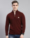 Men Maroon Solid Stand Collar Full Sleeve Pullover