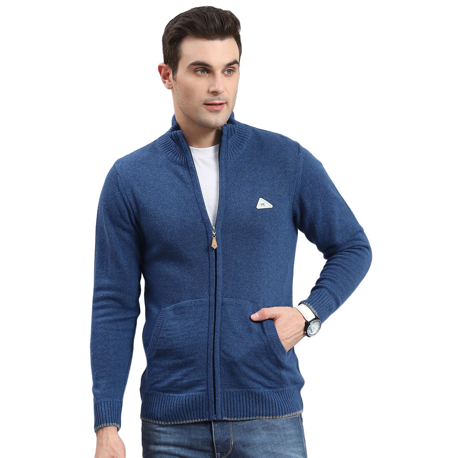 Men Blue Solid Stand Collar Full Sleeve Sweater