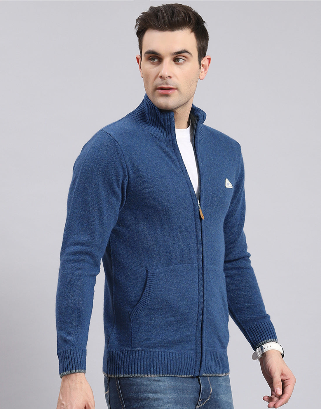 Men Blue Solid Stand Collar Full Sleeve Sweater