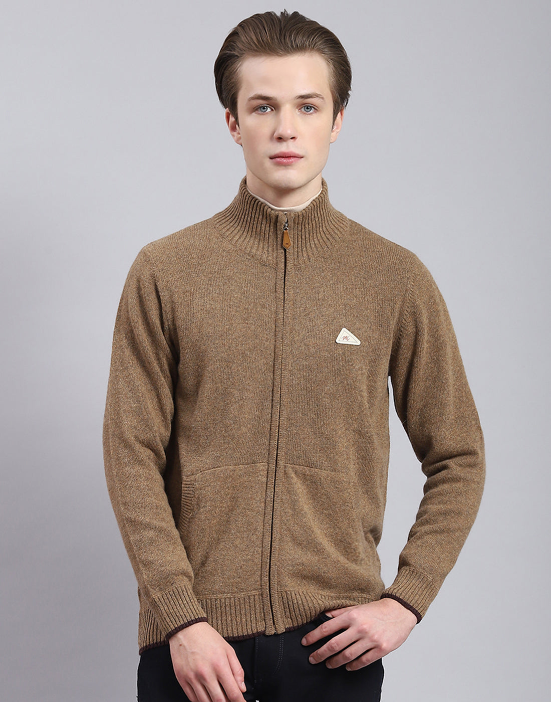 Men Brown Solid Stand Collar Full Sleeve Sweater