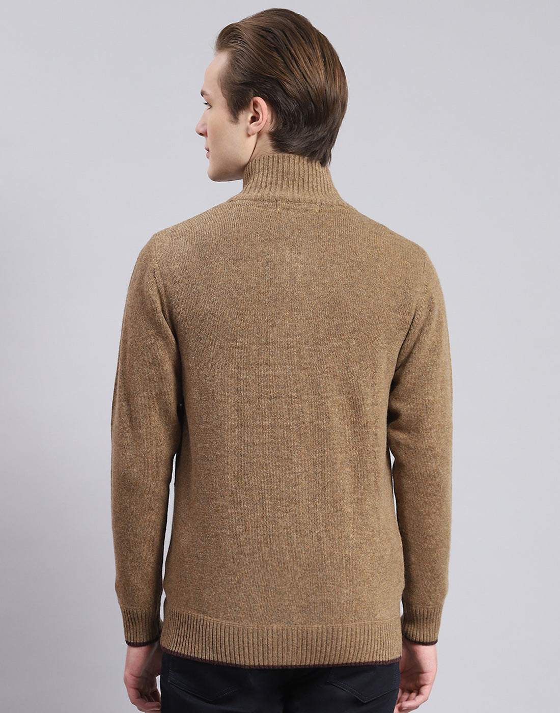 Men Brown Solid Stand Collar Full Sleeve Sweater