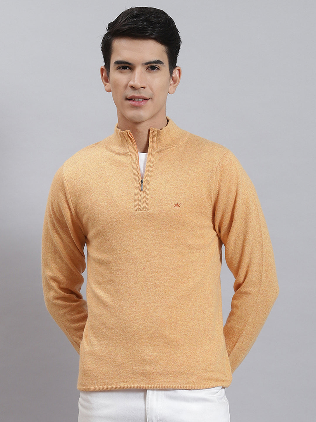 Men Orange Solid Stand Collar Full Sleeve Sweaters/Pullovers