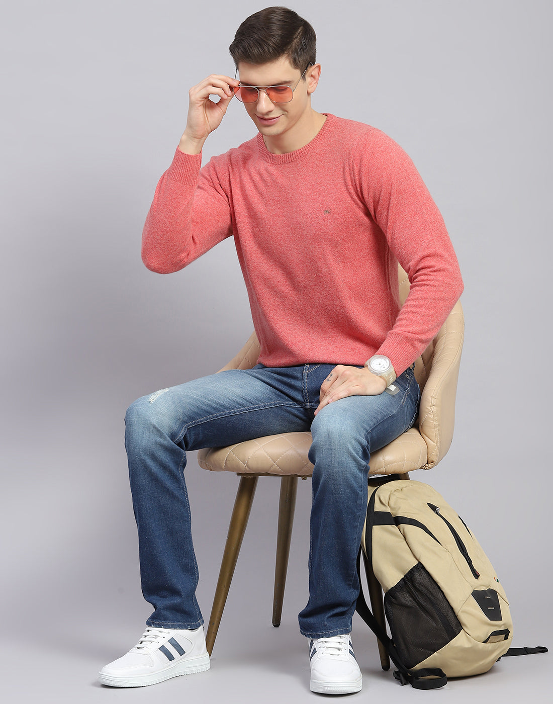 Men Pink Solid Round Neck Full Sleeve Sweater