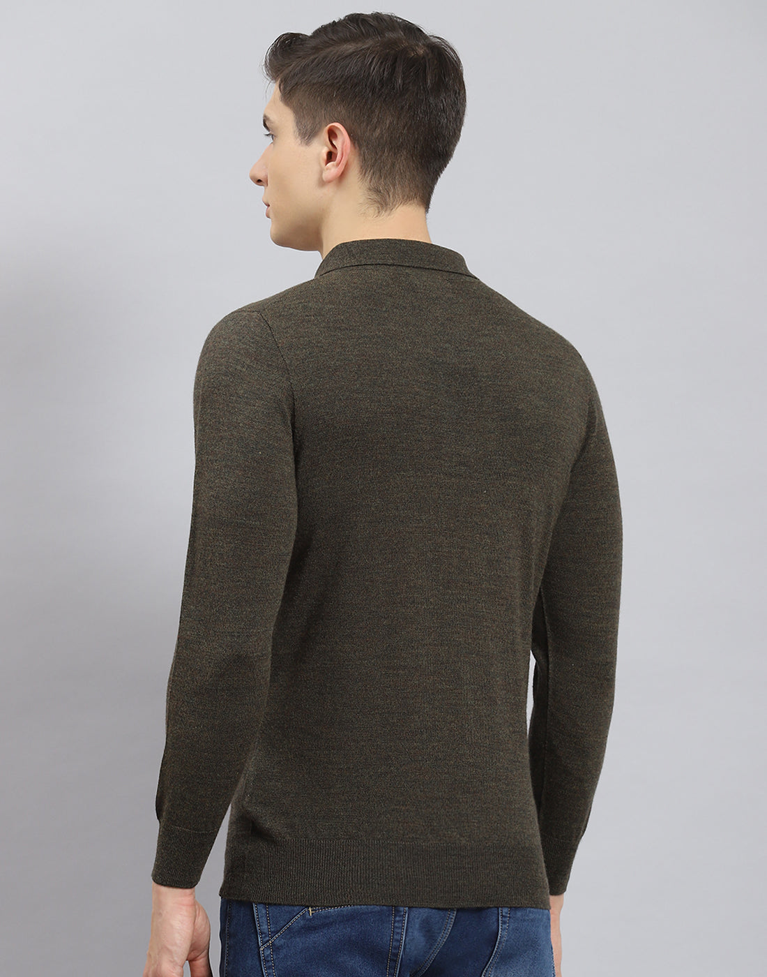 Men Olive Solid Polo Collar Full Sleeve T-Shirt