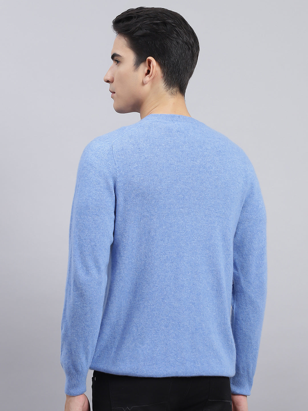 Men Sky Blue Solid Lamb wool Pullover