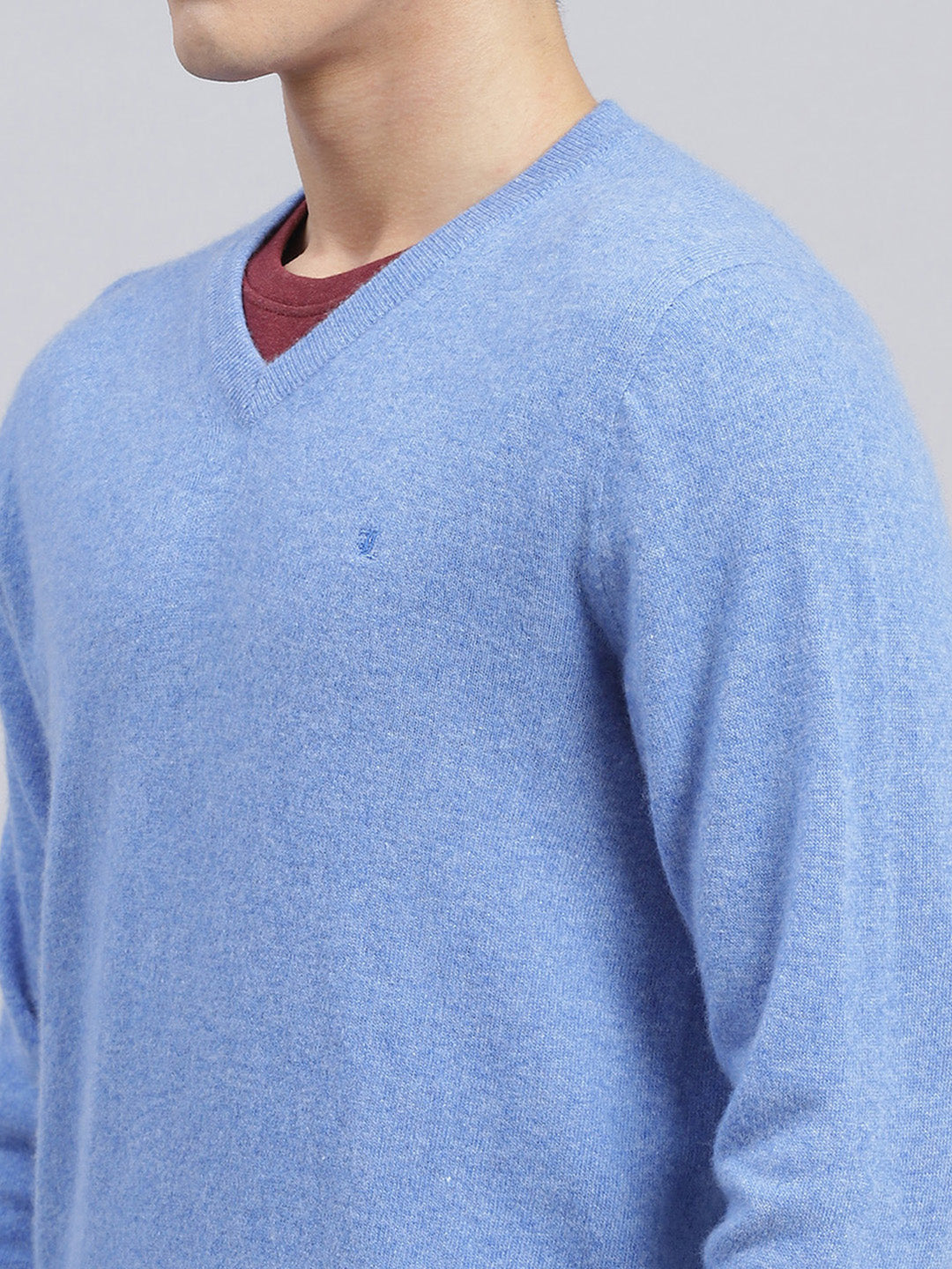 Men Sky Blue Solid Lamb wool Pullover