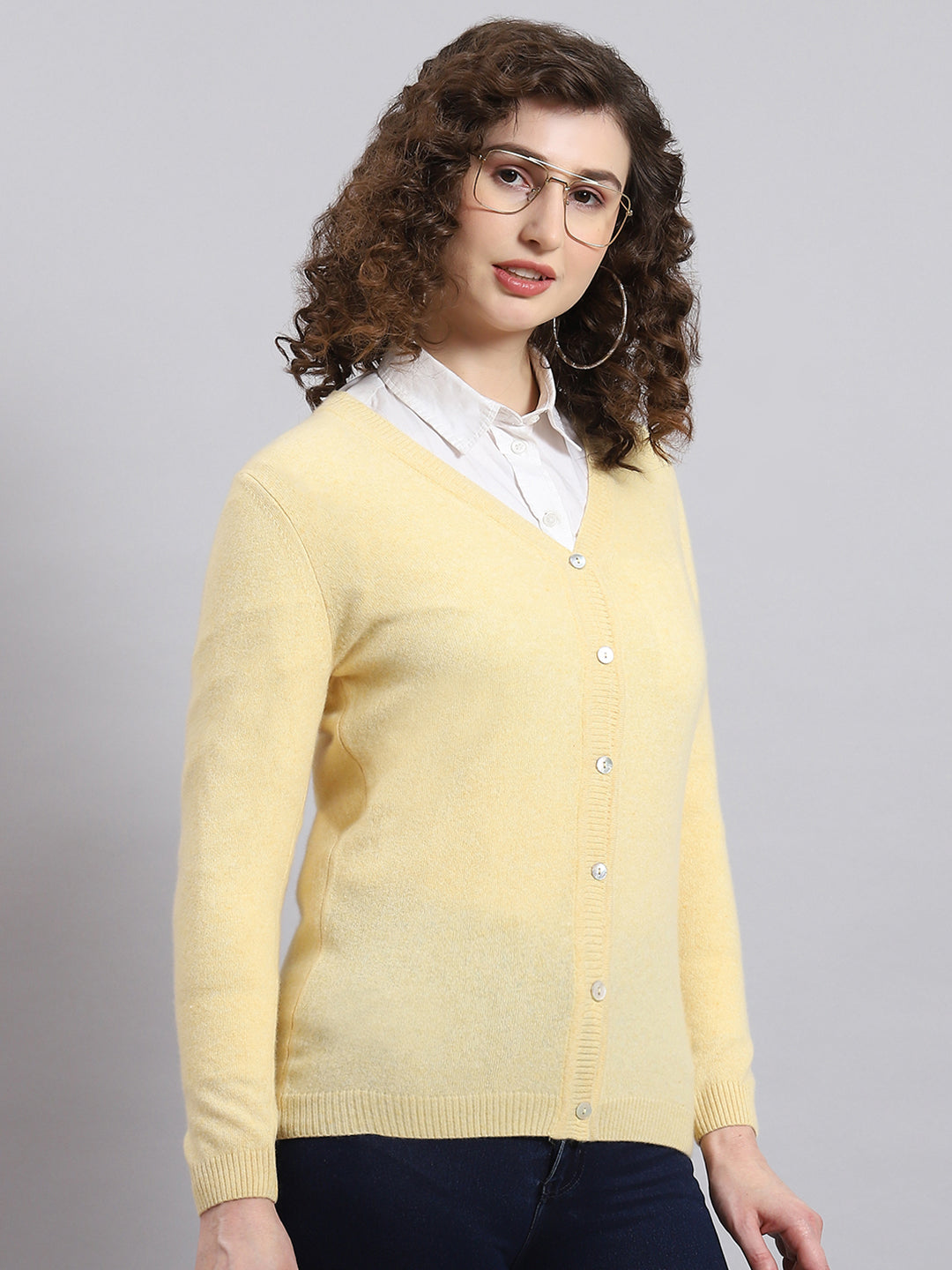 Women Yellow Solid V Neck Full Sleeve Cardigan