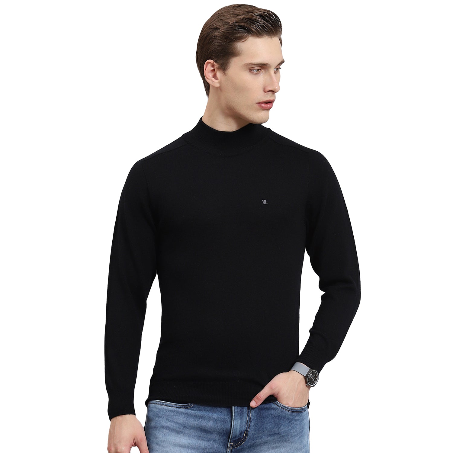 Men Black Solid T Neck Full Sleeve Sweater