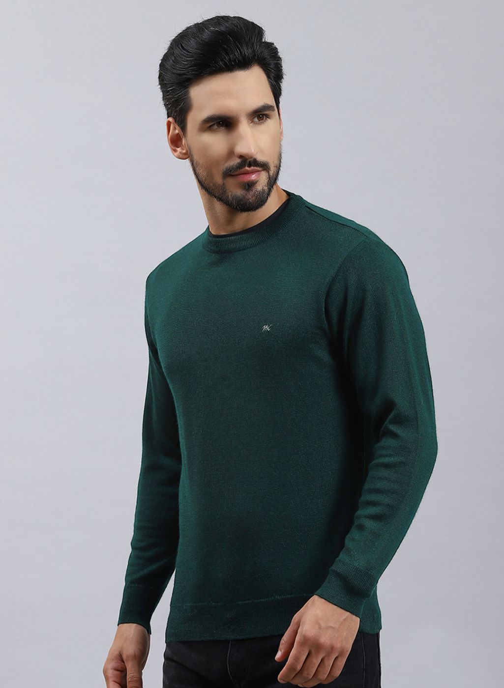 Men Green Solid Pure wool Pullover