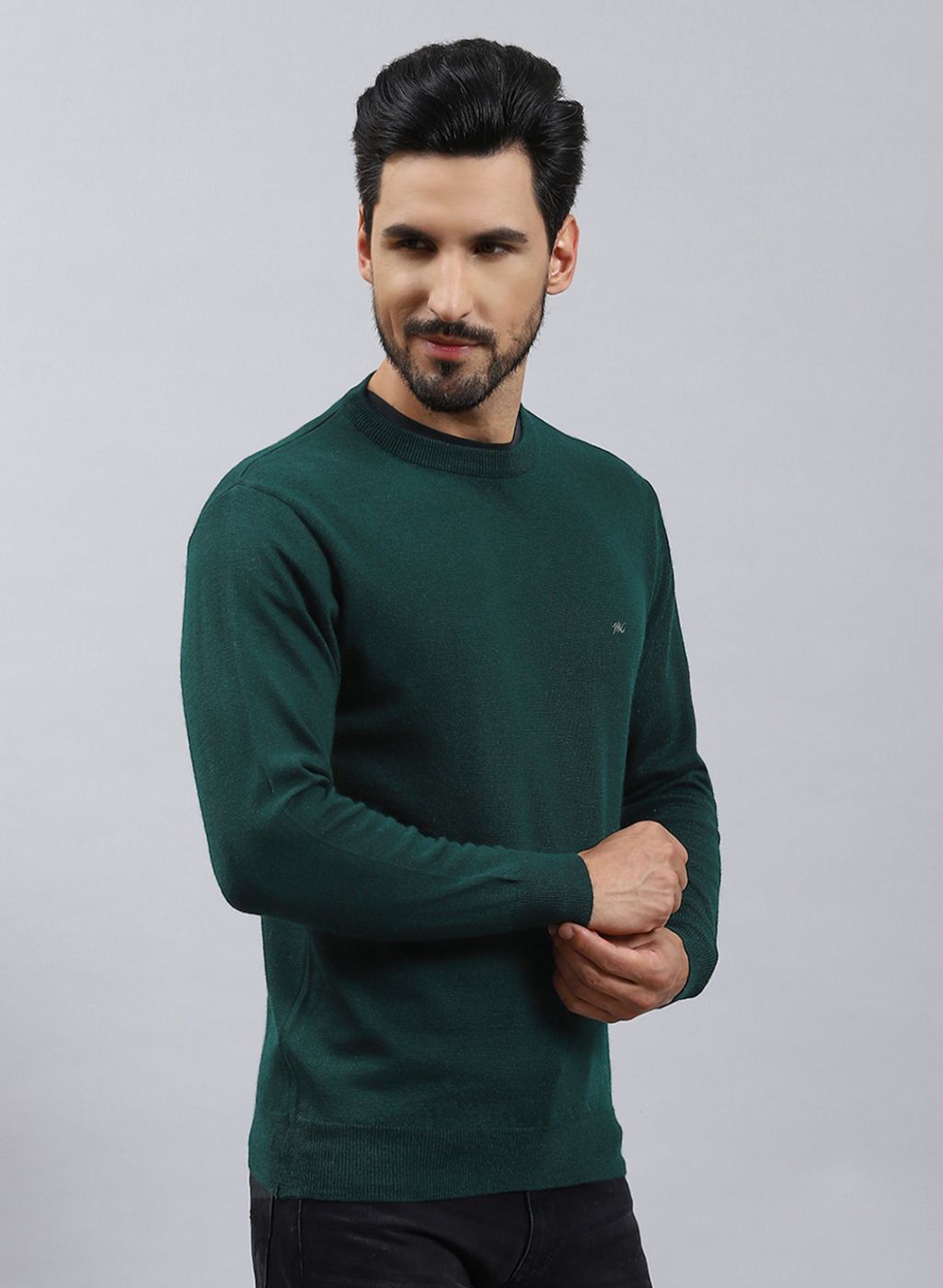 Men Green Solid Pure wool Pullover