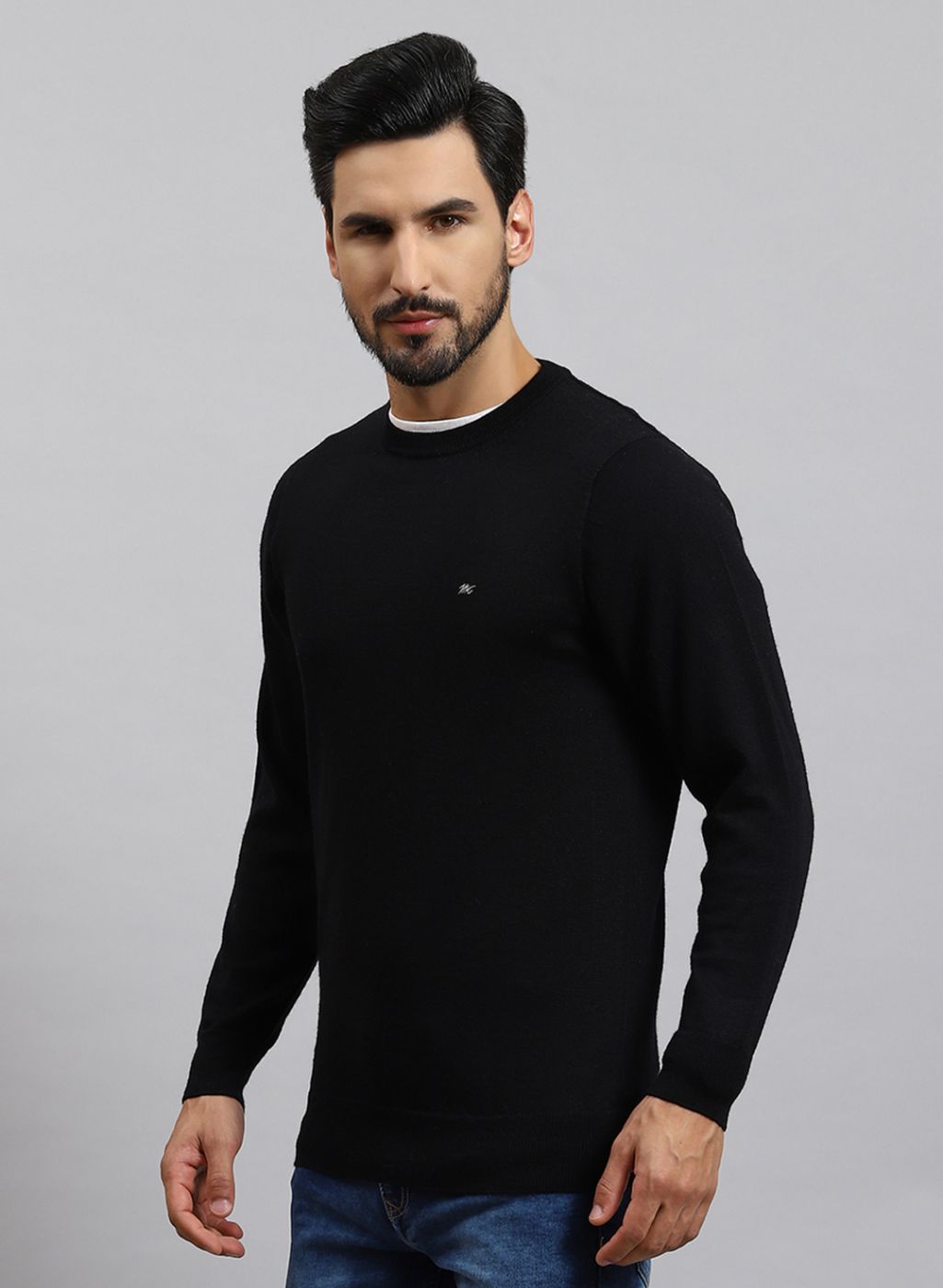 Men Black Solid Pure wool Pullover