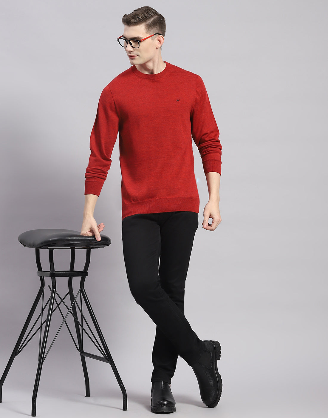 Men Maroon Solid Round Neck Full Sleeve Pullover