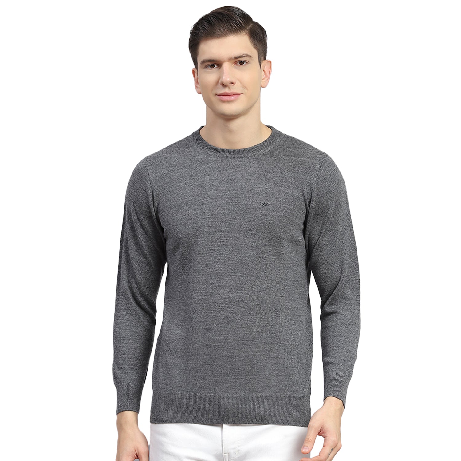 Men Grey Solid Round Neck Full Sleeve Sweater
