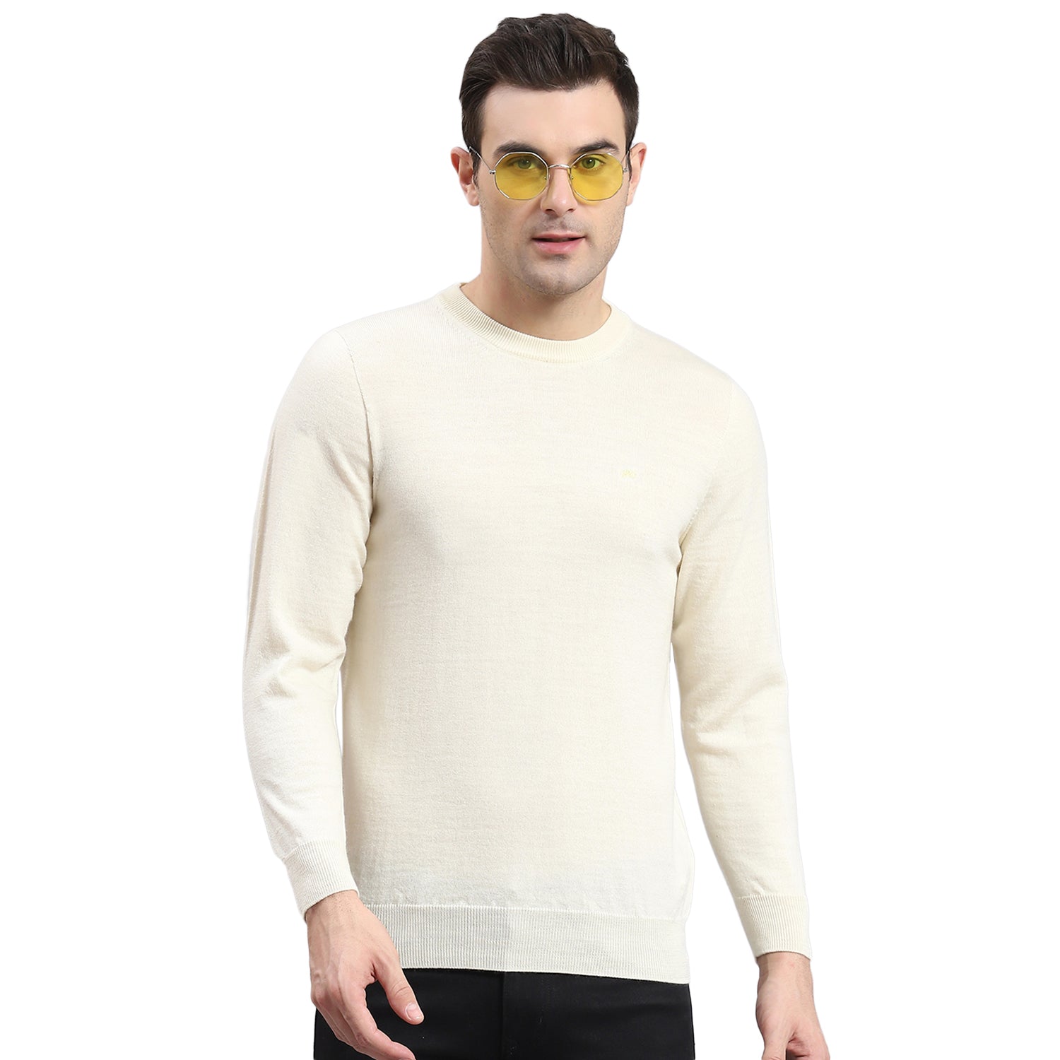 Men Off White Solid Round Neck Full Sleeve Sweater