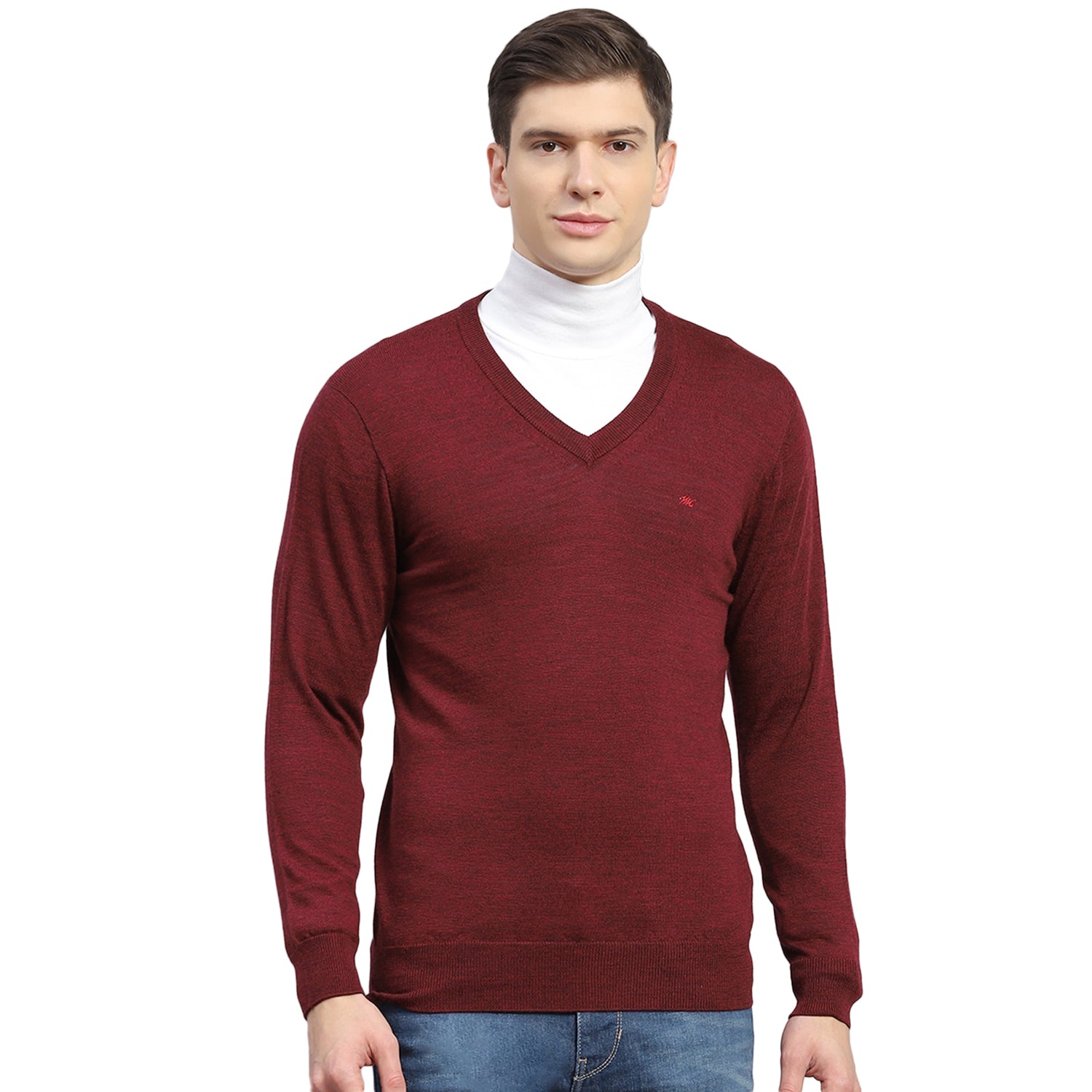 Men Maroon Solid V Neck Full Sleeve Sweater
