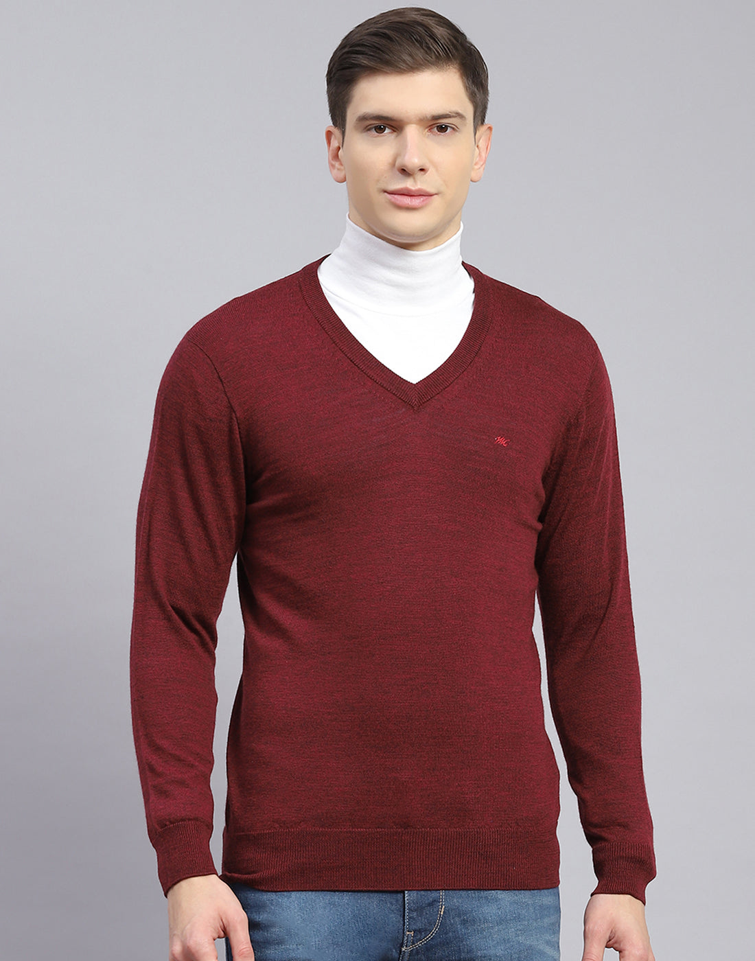 Men Maroon Solid V Neck Full Sleeve Sweater