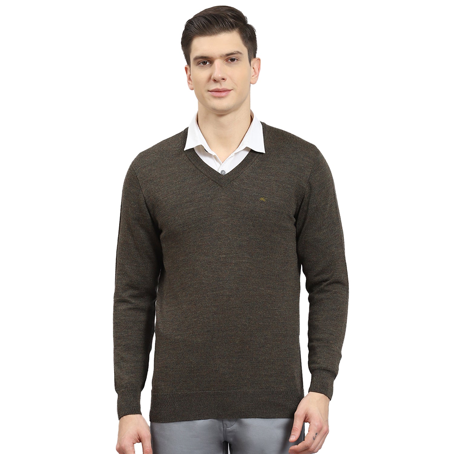 Men Brown Solid V Neck Full Sleeve Sweater
