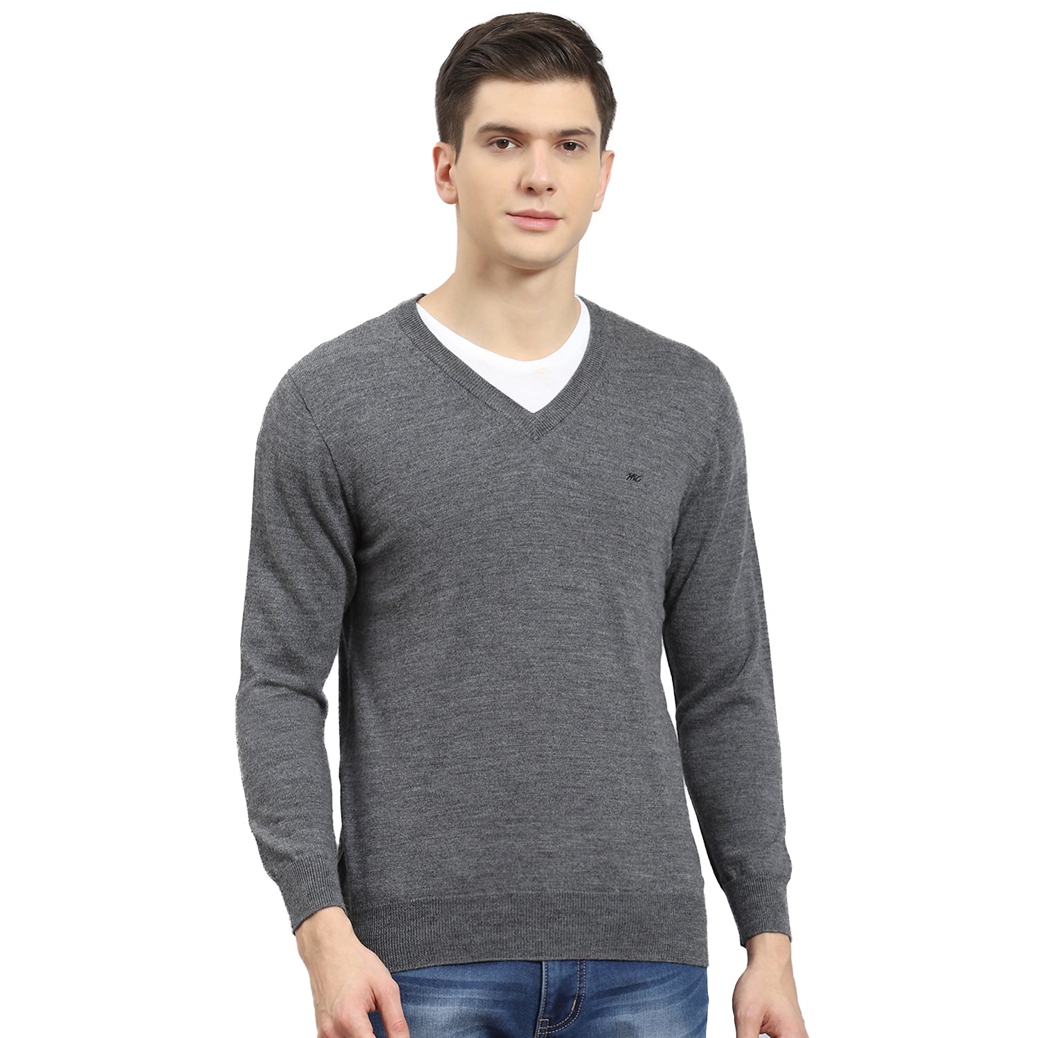 Men Grey Solid V Neck Full Sleeve Sweater