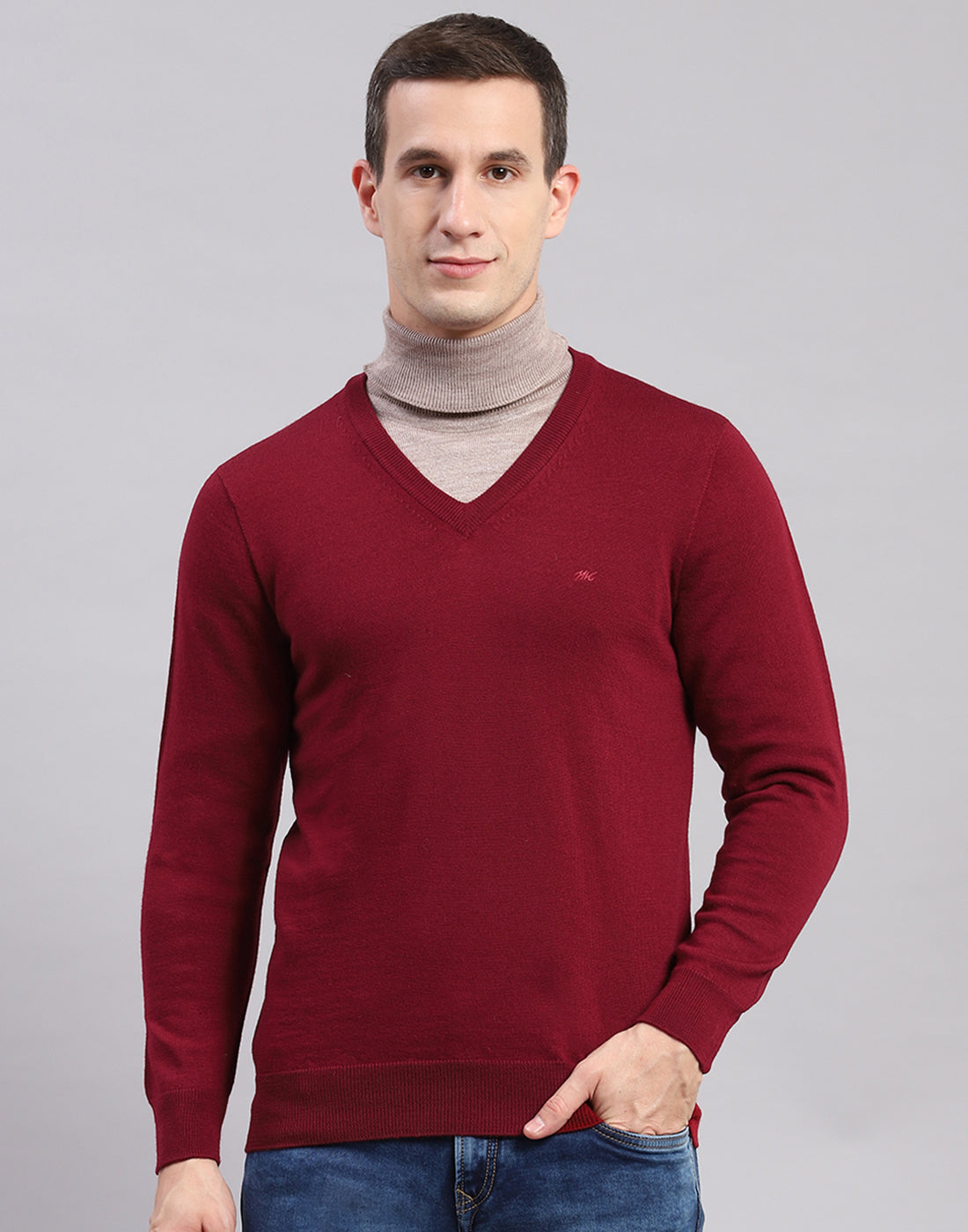 Men Maroon Solid V Neck Full Sleeve Sweaters/Pullovers