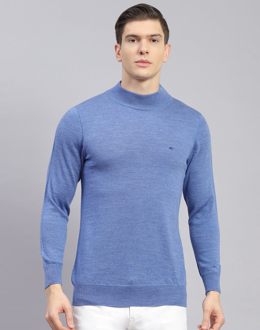 Men Blue Solid T Neck Full Sleeve Sweater