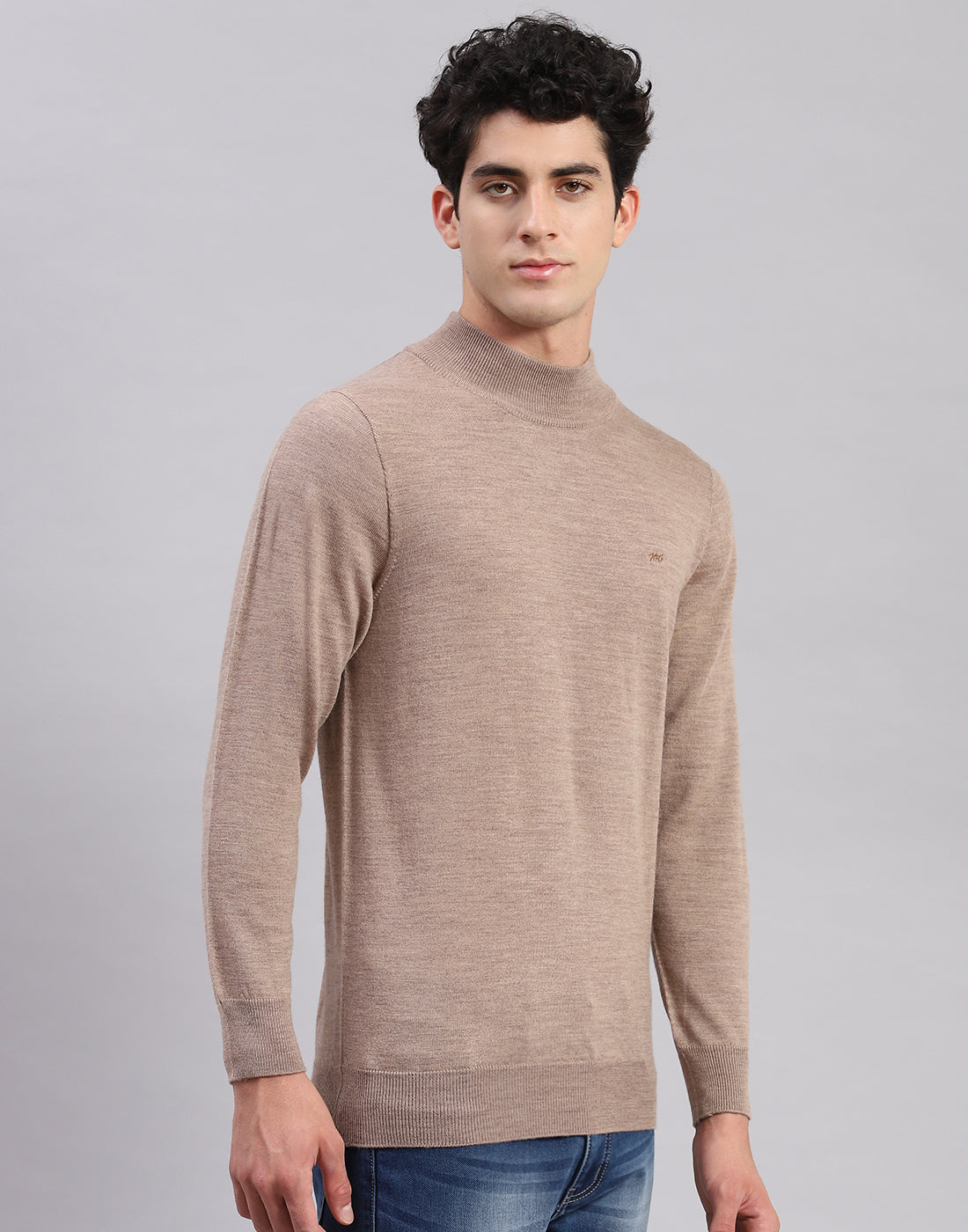 Men Brown Solid T Neck Full Sleeve Sweaters/Pullovers