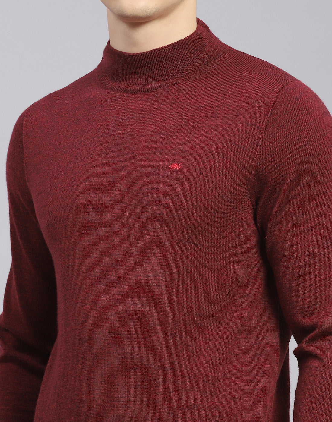 Men Maroon Solid T Neck Full Sleeve Sweater