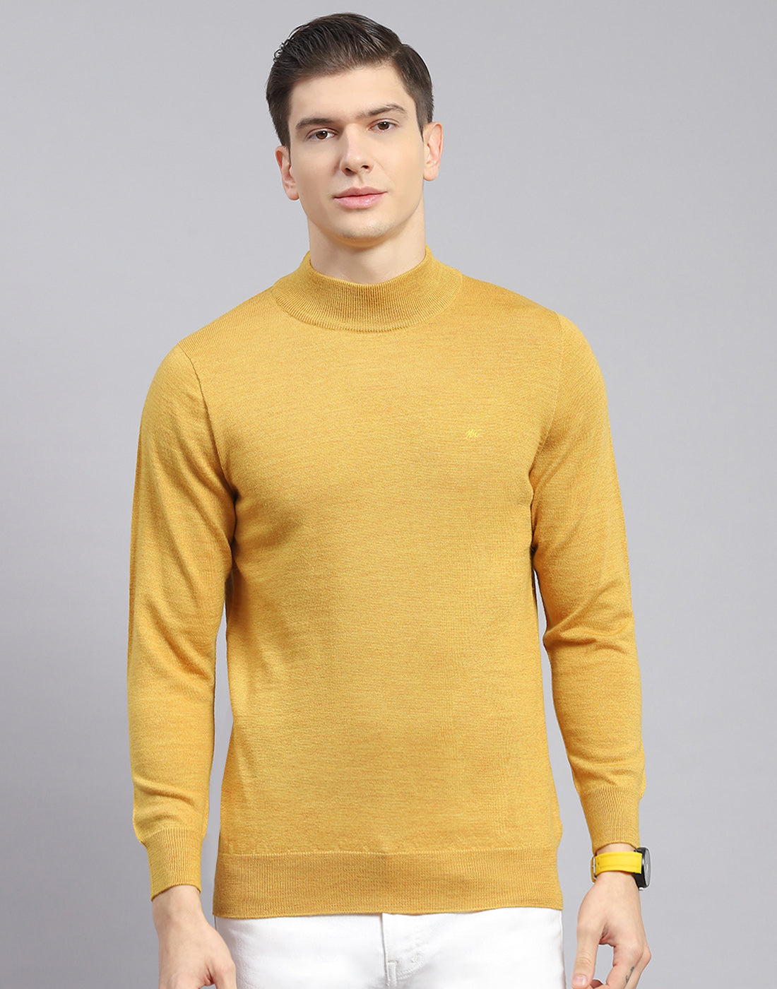 Men Mustard Solid T Neck Full Sleeve Sweater