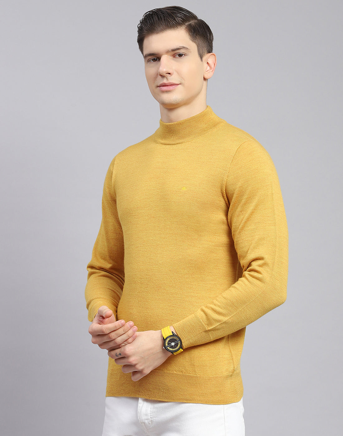 Men Mustard Solid T Neck Full Sleeve Sweater