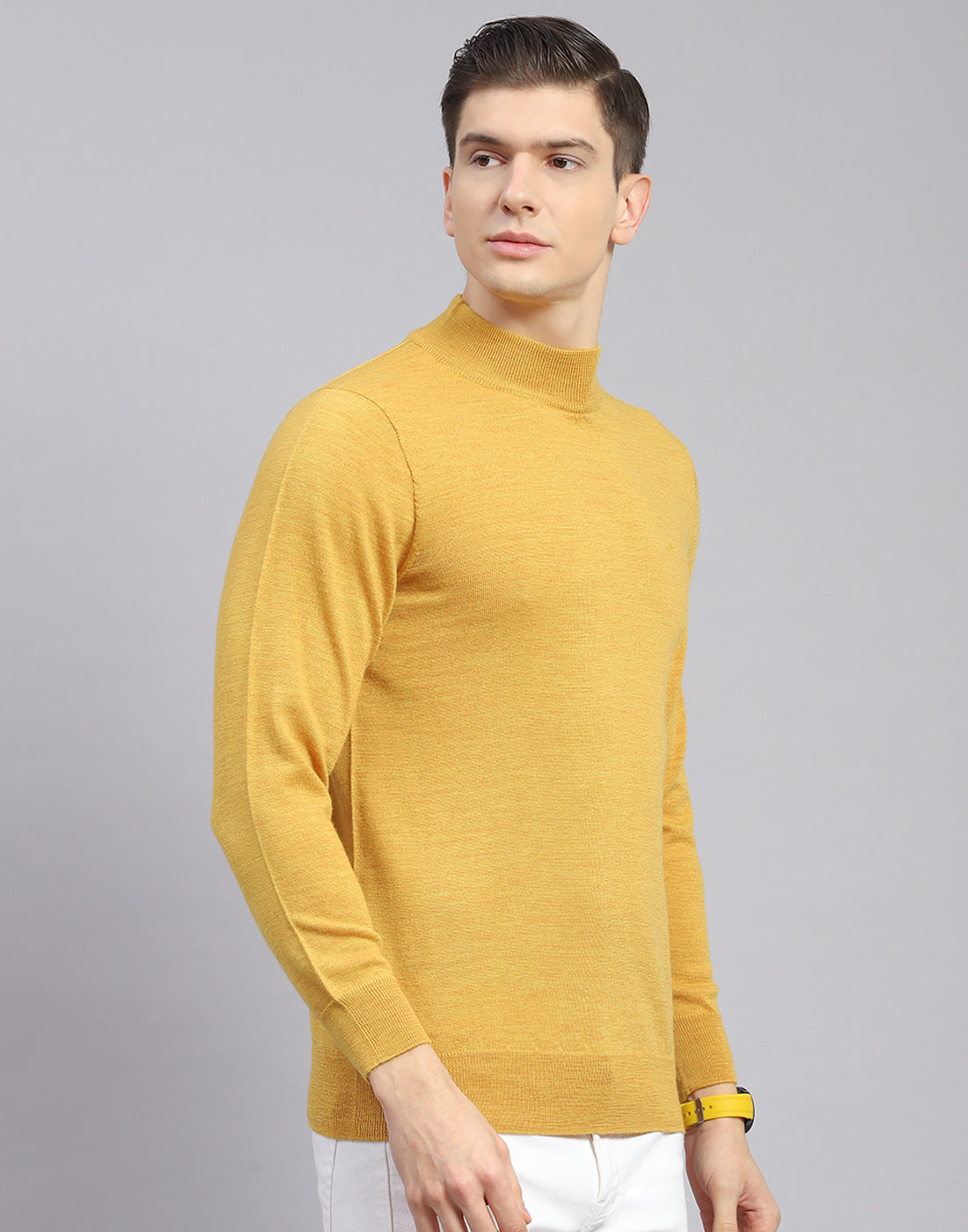 Men Mustard Solid T Neck Full Sleeve Sweater