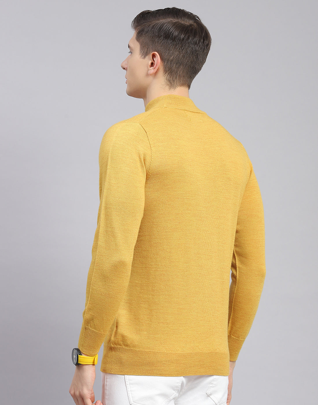 Men Mustard Solid T Neck Full Sleeve Sweater