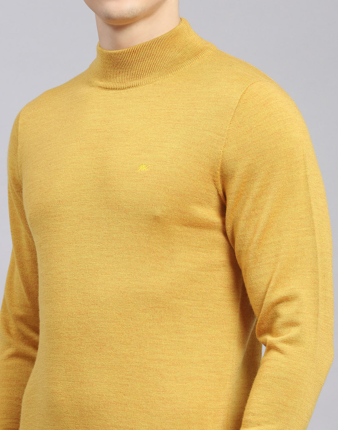 Men Mustard Solid T Neck Full Sleeve Sweater